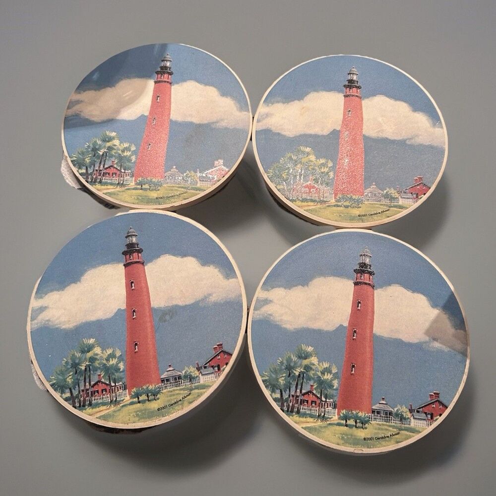 Set Of 4 Stoneware Ponce De Leon Florida Lighthouse Coasters By Geraldine Aikman